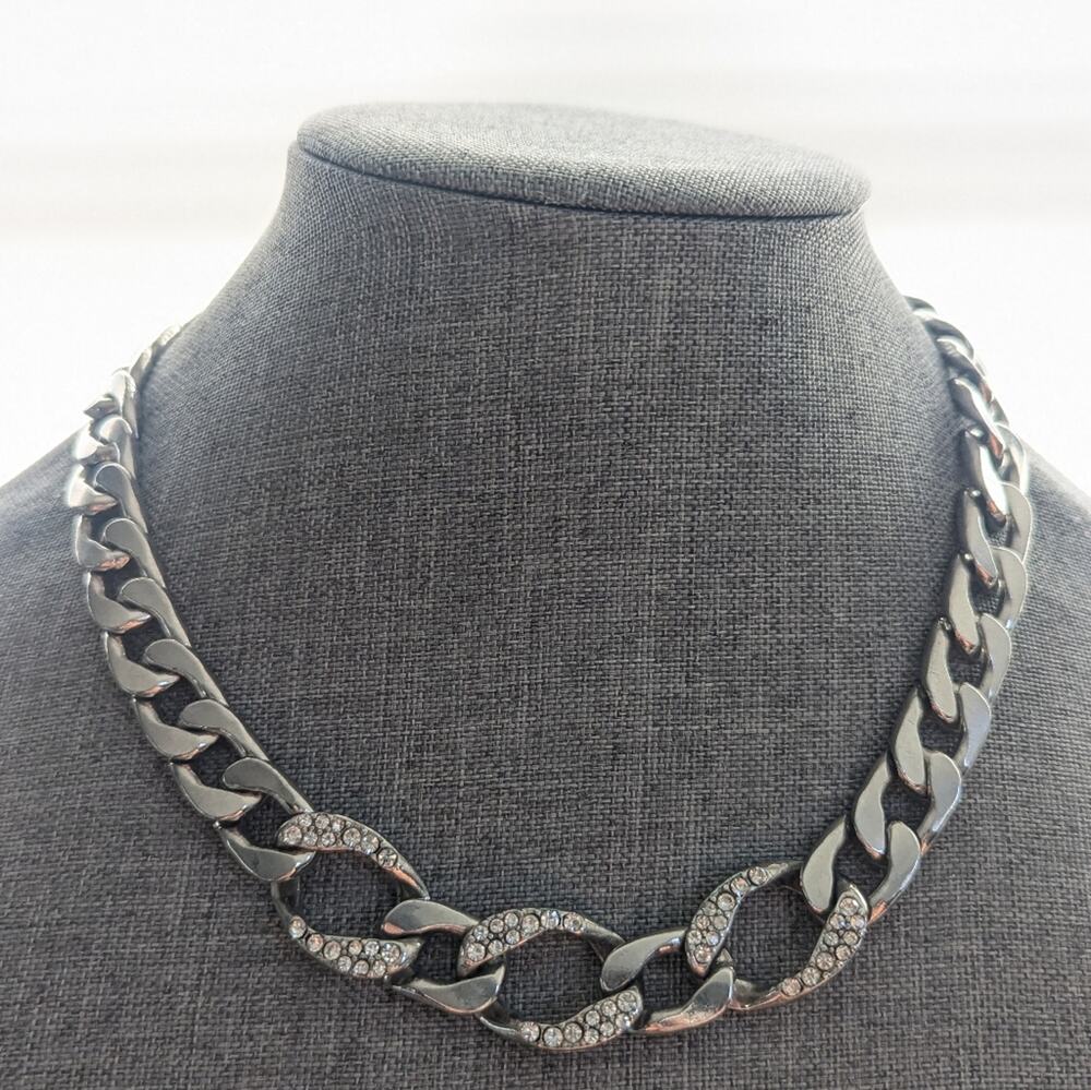 Designer Style Chunky Silver Tone Cuban Link Chain Rhinestone Heavy Necklace